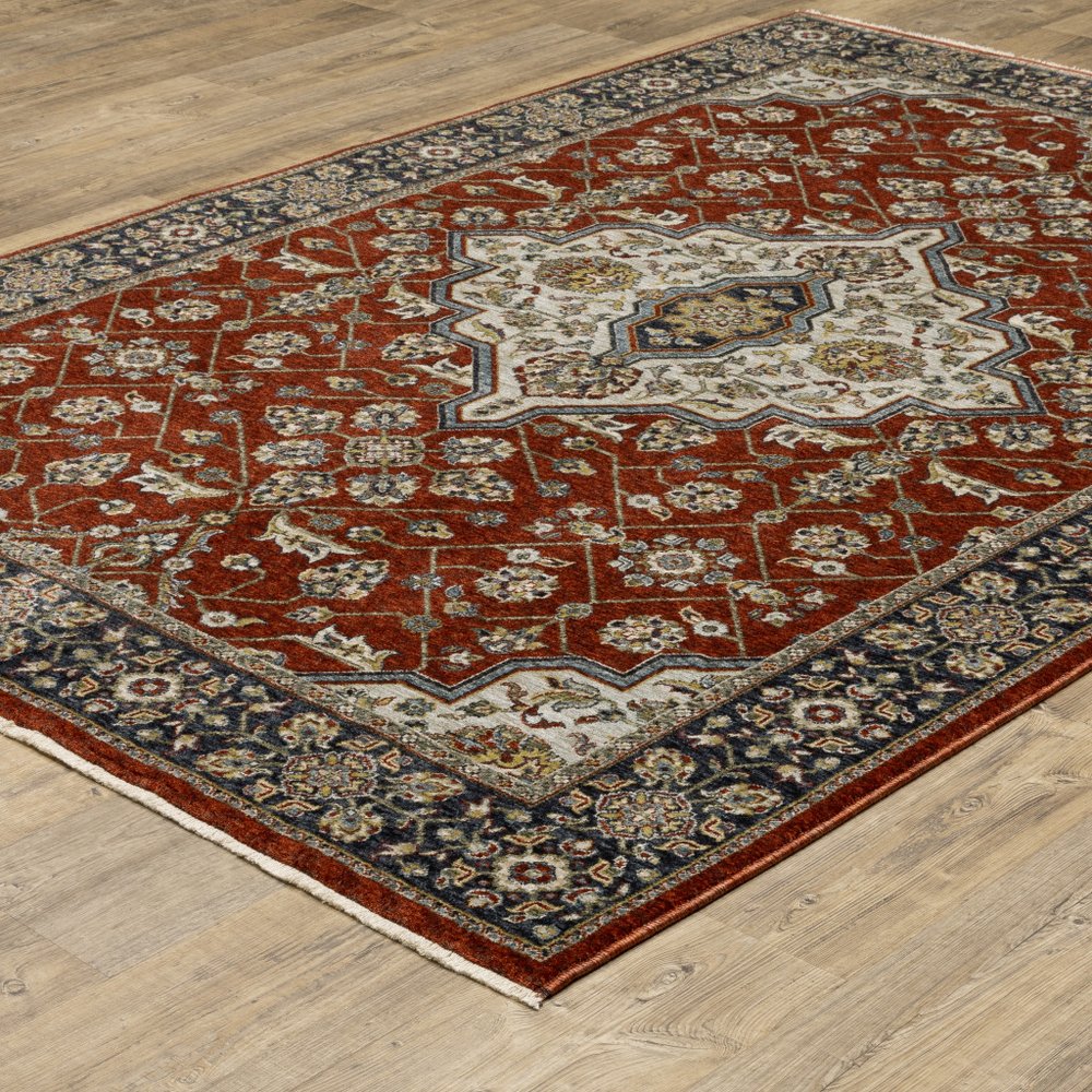 7' X 10' Red And Blue Oriental Area Rug With Fringe