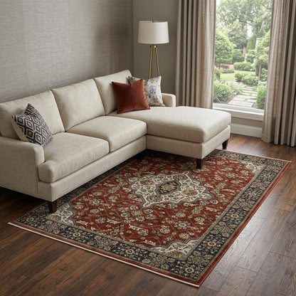 8' X 11' Red And Blue Oriental Area Rug With Fringe