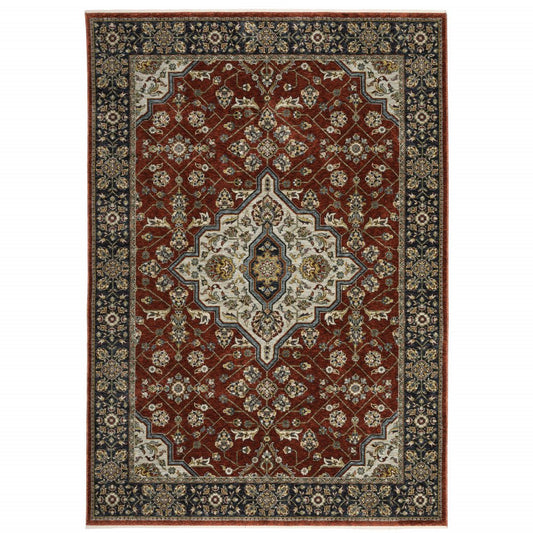 8' X 11' Red And Blue Oriental Area Rug With Fringe