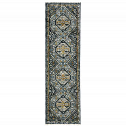 2' X 8' Blue Gold Ivory And Navy Oriental Power Loom Stain Resistant Runner Rug With Fringe