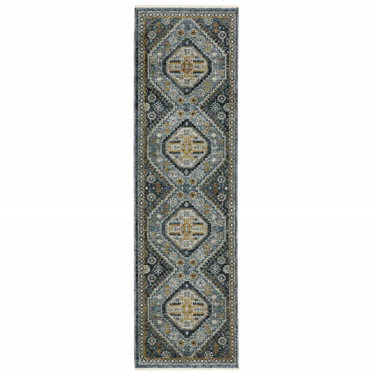 2' X 8' Blue Gold Ivory And Navy Oriental Power Loom Stain Resistant Runner Rug With Fringe