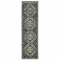 2' X 8' Blue Gold Ivory And Navy Oriental Power Loom Stain Resistant Runner Rug With Fringe