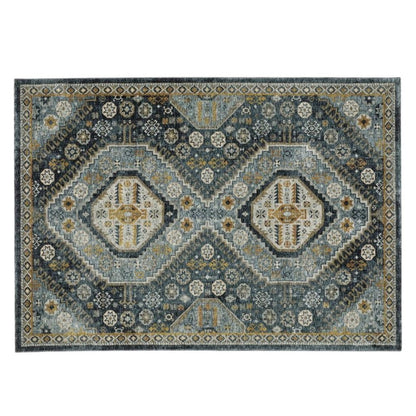 2' X 3' Light Blue Navy Gold Ivory And Grey Oriental Power Loom Stain Resistant Area Rug With Fringe