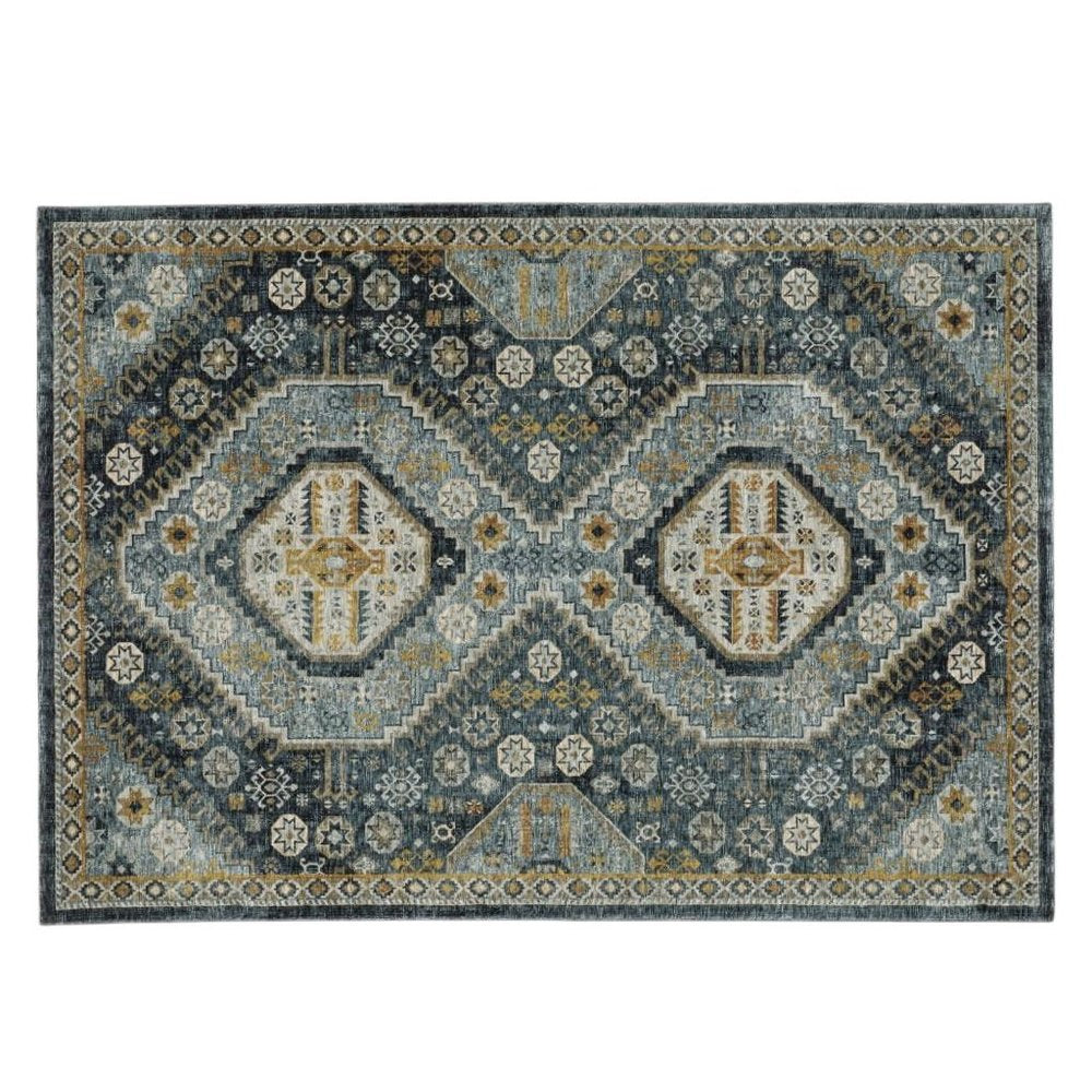 2' X 3' Light Blue Navy Gold Ivory And Grey Oriental Power Loom Stain Resistant Area Rug With Fringe