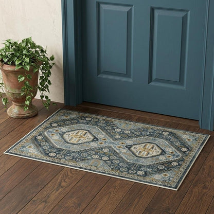 2' X 3' Light Blue Navy Gold Ivory And Grey Oriental Power Loom Stain Resistant Area Rug With Fringe