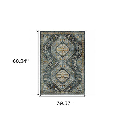 3' X 5' Blue Gold Ivory And Navy Oriental Power Loom Stain Resistant Area Rug With Fringe