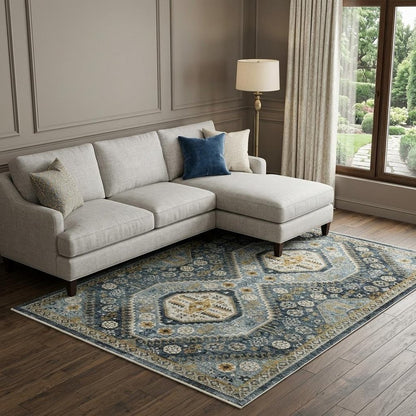 7' X 10' Blue And Gold Oriental Area Rug With Fringe