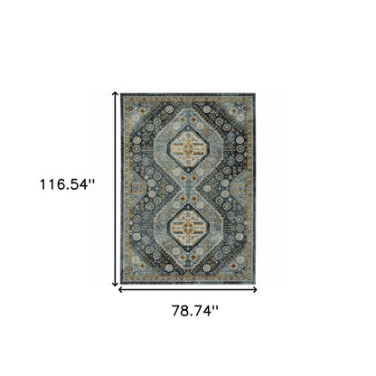 7' X 10' Blue And Gold Oriental Area Rug With Fringe