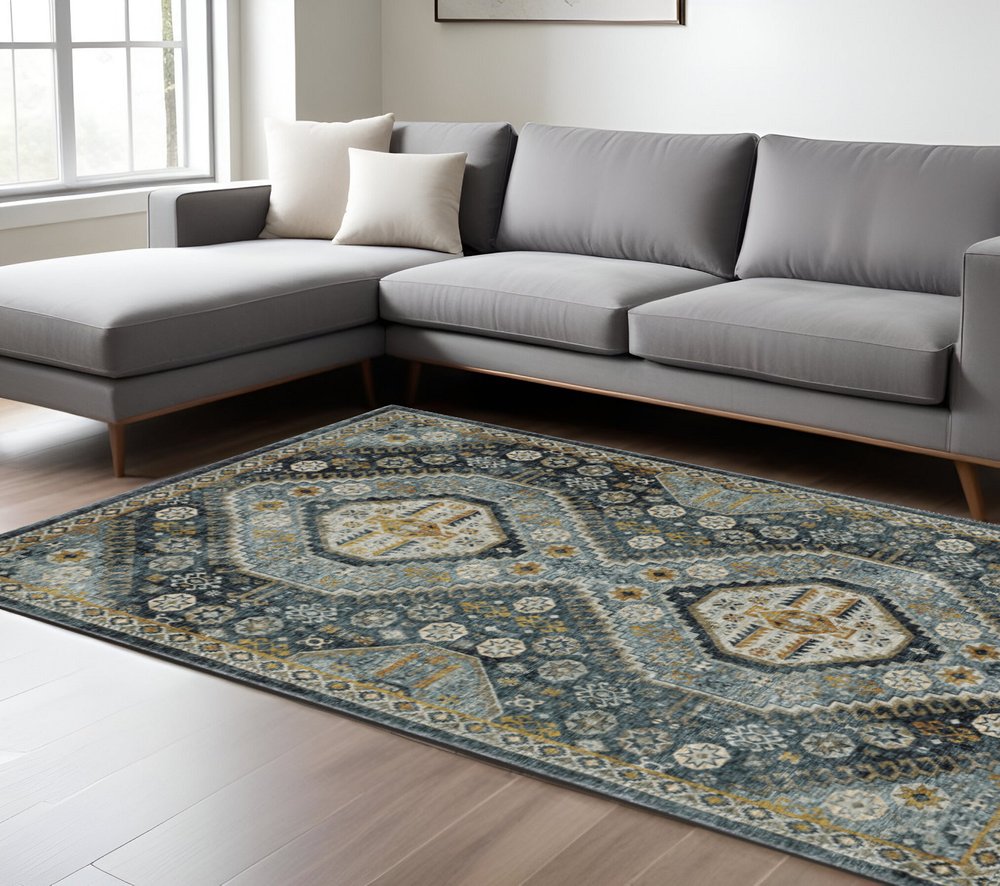 7' X 10' Blue And Gold Oriental Area Rug With Fringe