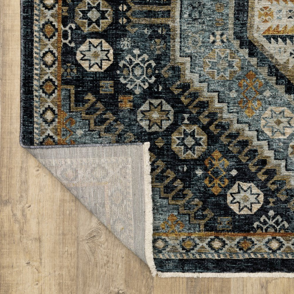 7' X 10' Blue And Gold Oriental Area Rug With Fringe