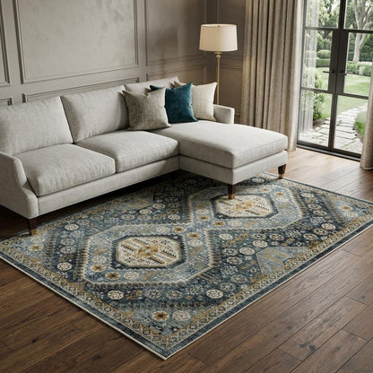 8' X 11' Blue And Gold Oriental Area Rug With Fringe