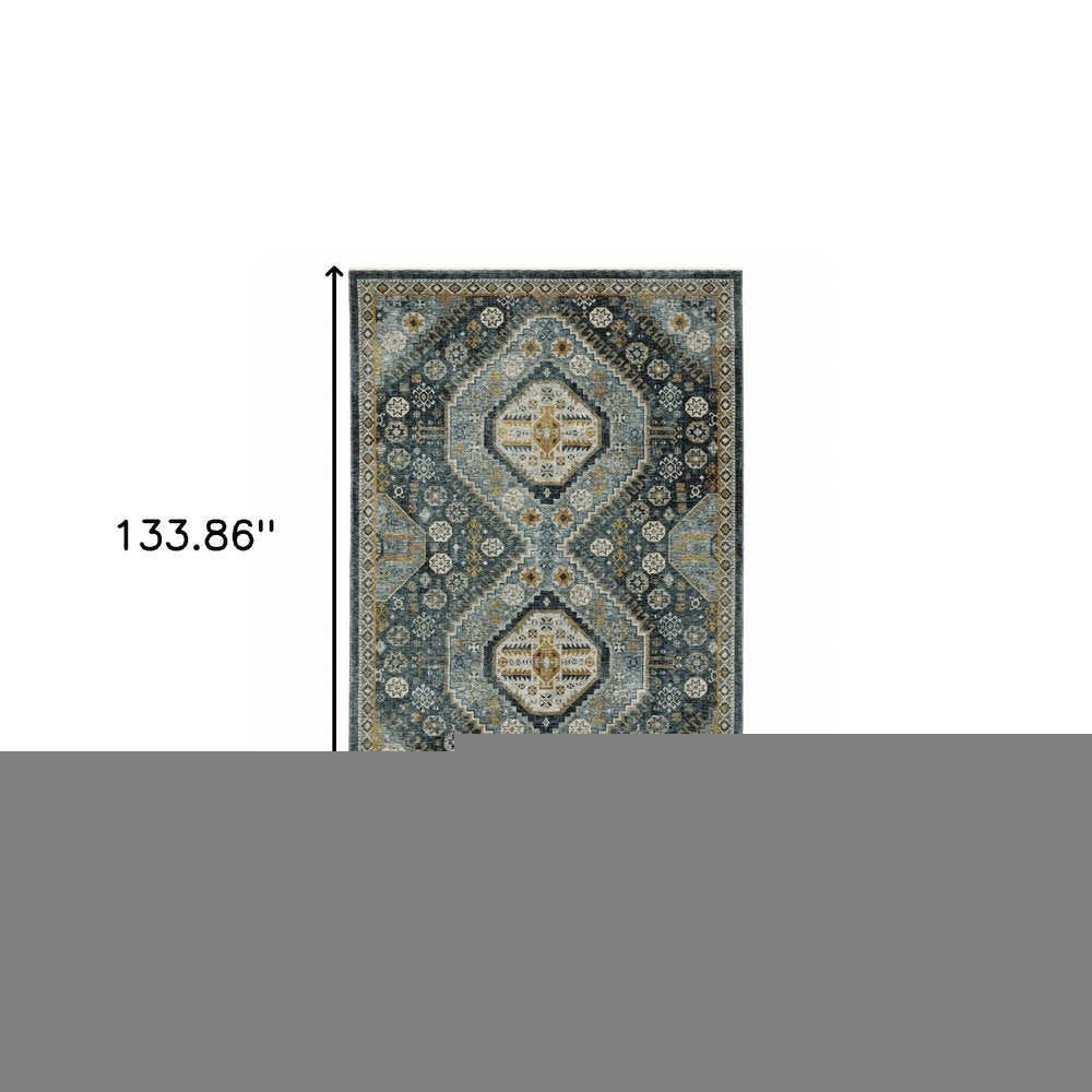 8' X 11' Blue And Gold Oriental Area Rug With Fringe