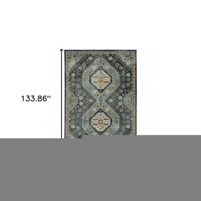 8' X 11' Blue And Gold Oriental Area Rug With Fringe