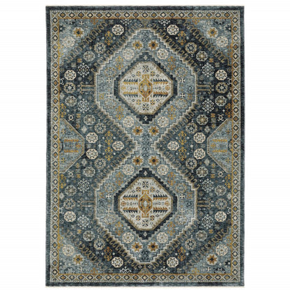 8' X 11' Blue And Gold Oriental Area Rug With Fringe