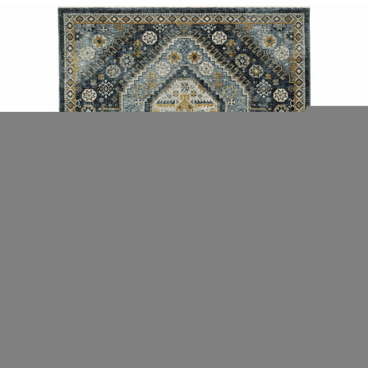 8' X 11' Blue And Gold Oriental Area Rug With Fringe