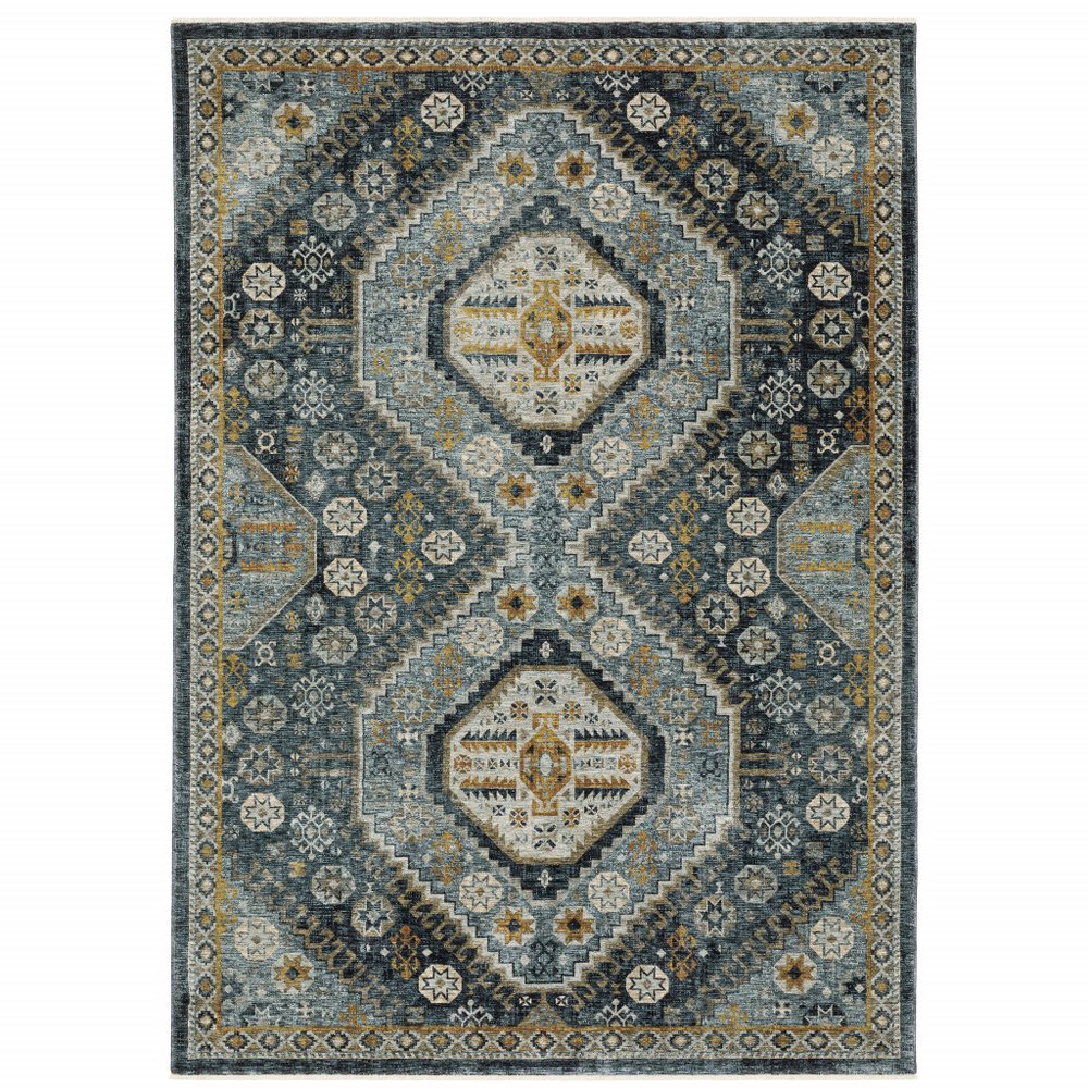 8' X 11' Blue And Gold Oriental Area Rug With Fringe