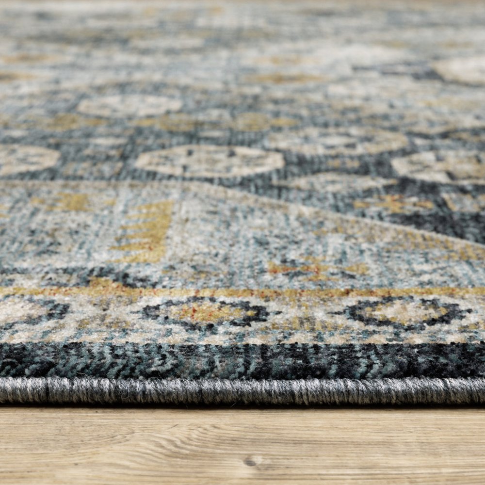 8' X 11' Blue And Gold Oriental Area Rug With Fringe