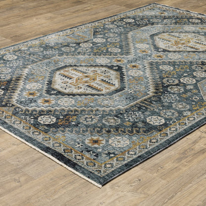 8' X 11' Blue And Gold Oriental Area Rug With Fringe