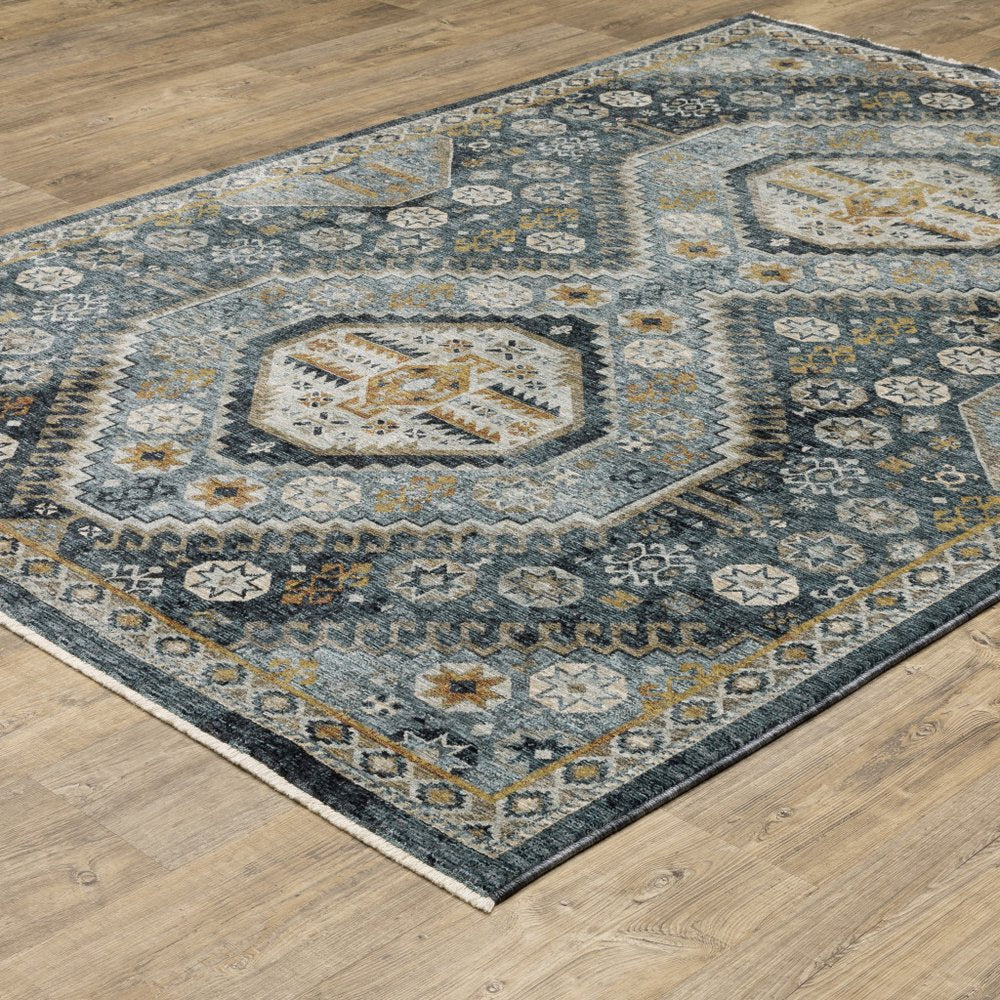 8' X 11' Blue And Gold Oriental Area Rug With Fringe
