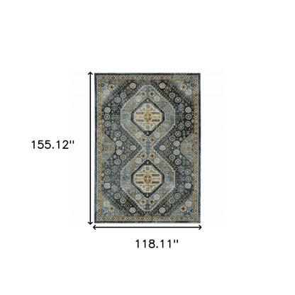 10' X 13' Blue Gold Ivory And Navy Oriental Power Loom Stain Resistant Area Rug With Fringe