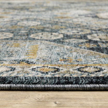 10' X 13' Blue Gold Ivory And Navy Oriental Power Loom Stain Resistant Area Rug With Fringe
