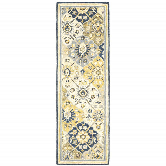8' Blue And Gold Wool Geometric Hand Tufted Distressed Runner Rug
