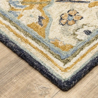 8' Blue And Gold Wool Geometric Hand Tufted Distressed Runner Rug