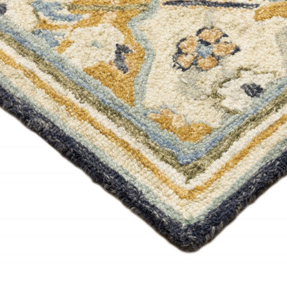 8' Blue And Gold Wool Geometric Hand Tufted Distressed Runner Rug