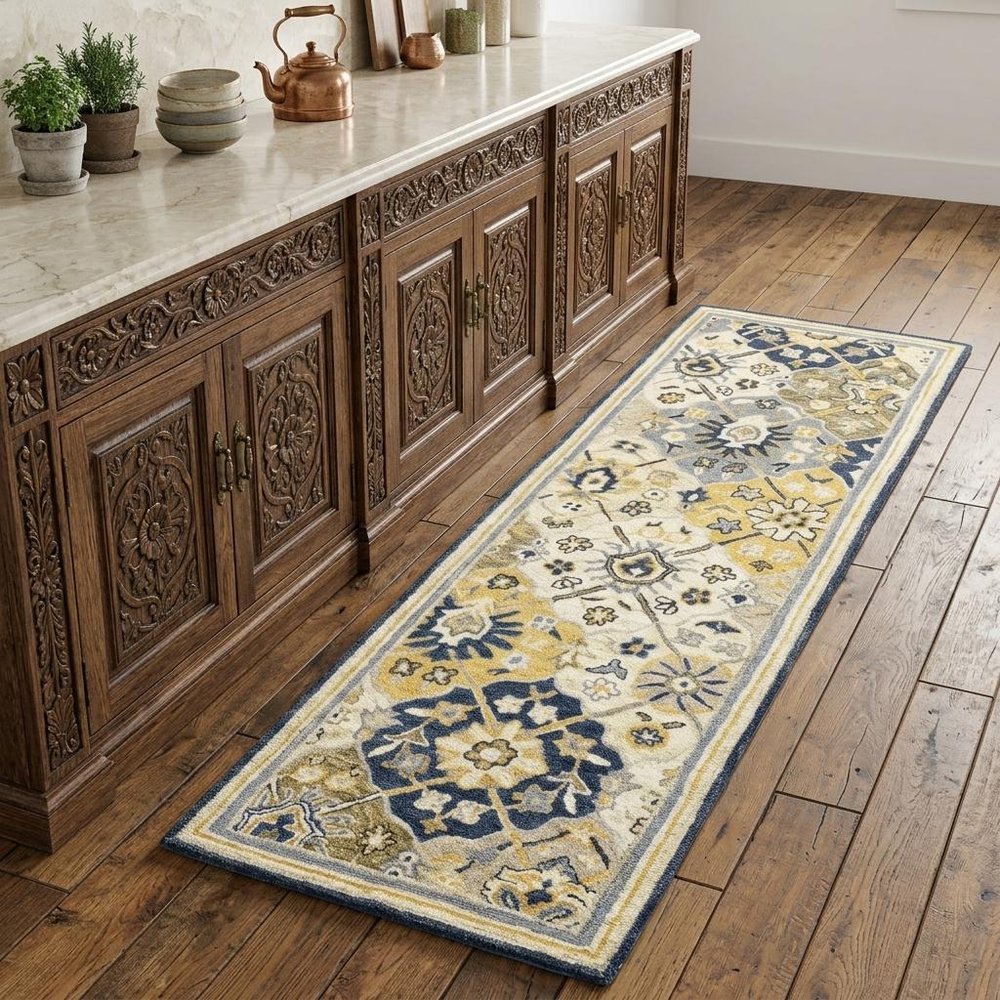 8' Blue And Gold Wool Geometric Hand Tufted Distressed Runner Rug