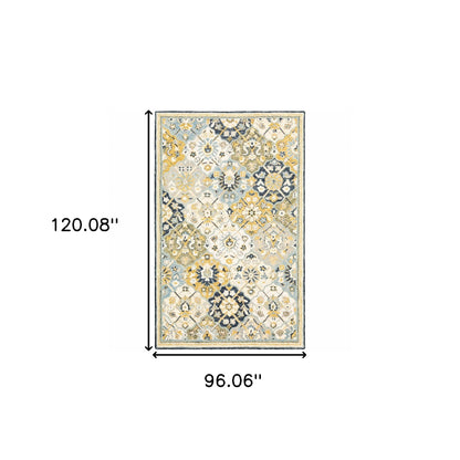 8' X 10' Blue Green Gold Navy And Ivory Geometric Tufted Handmade Stain Resistant Area Rug