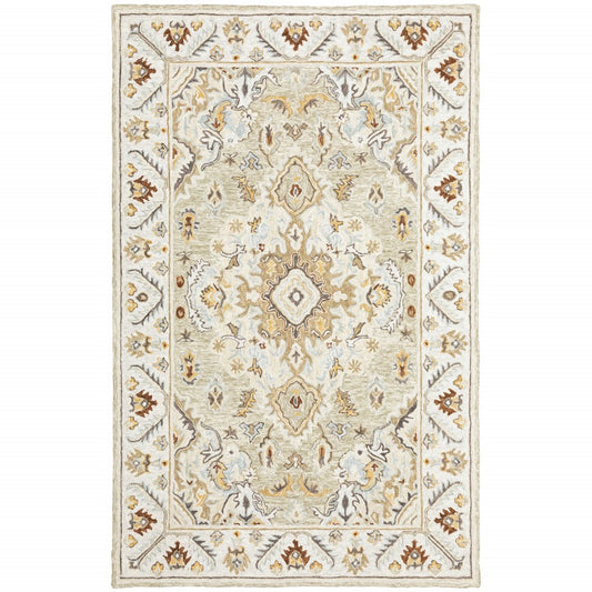 10' X 13' Ivory Beige Gold And Muted Grey Oriental Tufted Handmade Stain Resistant Area Rug