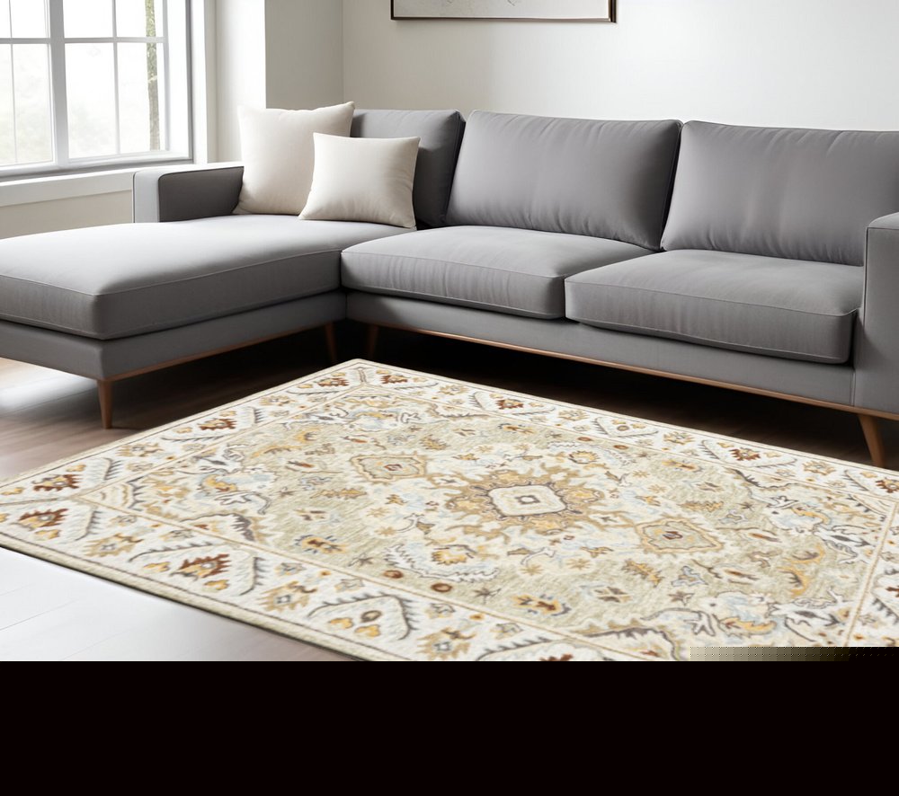10' X 13' Ivory Beige Gold And Muted Grey Oriental Tufted Handmade Stain Resistant Area Rug