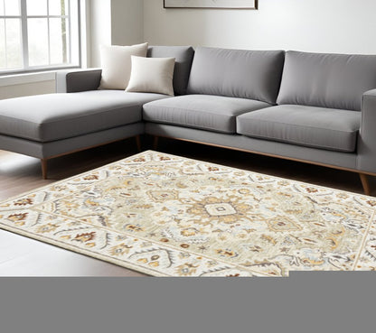 10' X 13' Ivory Beige Gold And Muted Grey Oriental Tufted Handmade Stain Resistant Area Rug