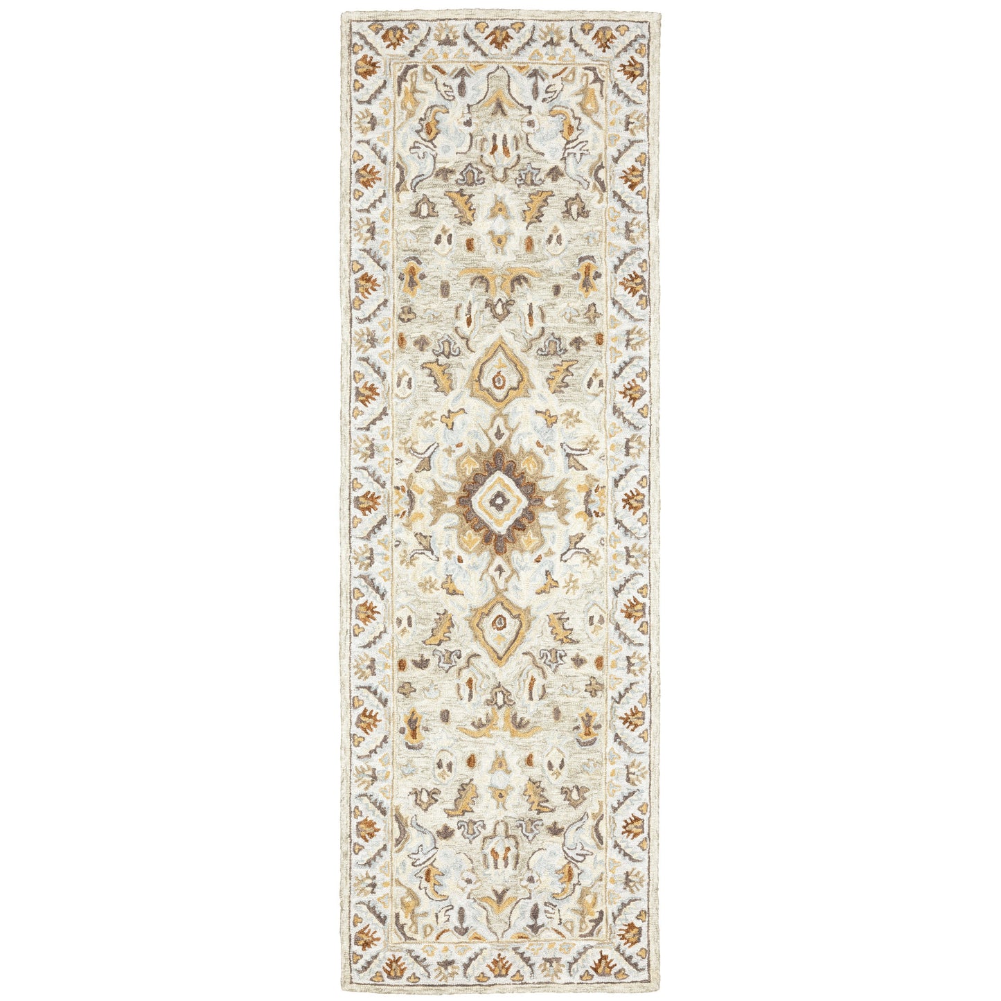 2' X 8' Ivory Beige Gold And Muted Grey Oriental Tufted Handmade Stain Resistant Runner Rug