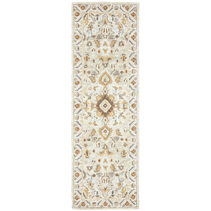 2' X 8' Ivory Beige Gold And Muted Grey Oriental Tufted Handmade Stain Resistant Runner Rug