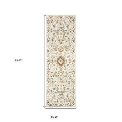 2' X 8' Ivory Beige Gold And Muted Grey Oriental Tufted Handmade Stain Resistant Runner Rug