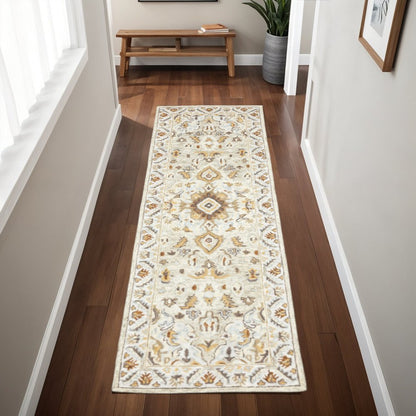 2' X 8' Ivory Beige Gold And Muted Grey Oriental Tufted Handmade Stain Resistant Runner Rug