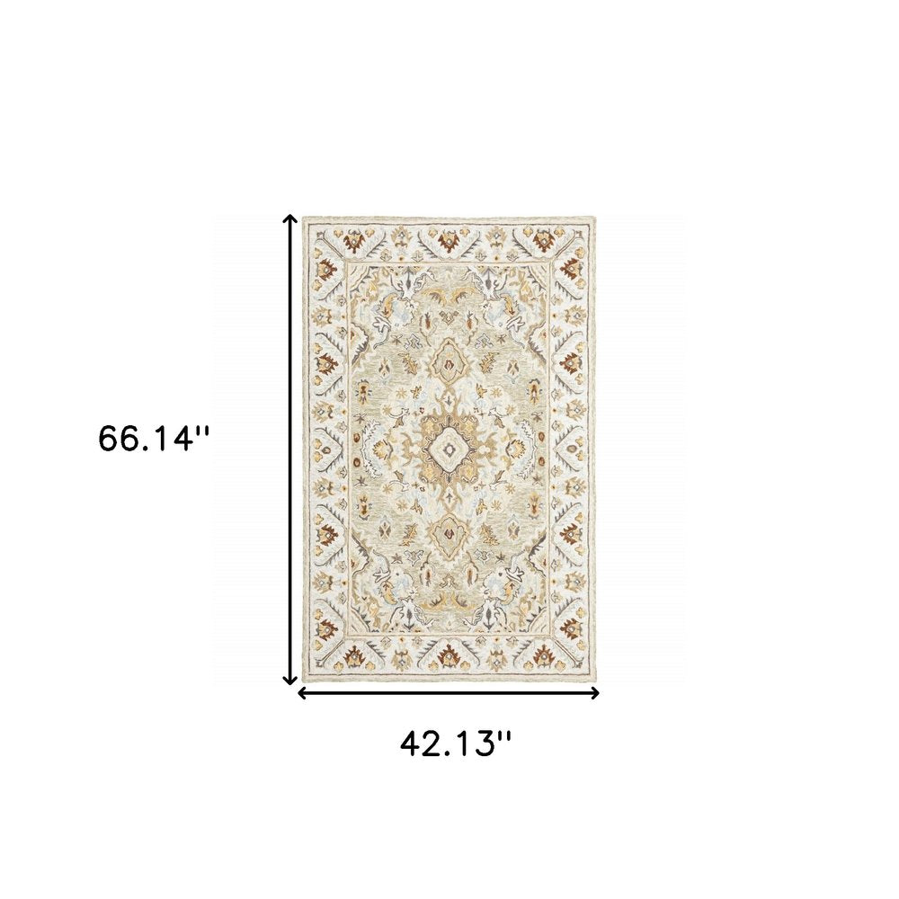4' X 6' Ivory Beige Gold And Muted Grey Oriental Tufted Handmade Stain Resistant Area Rug