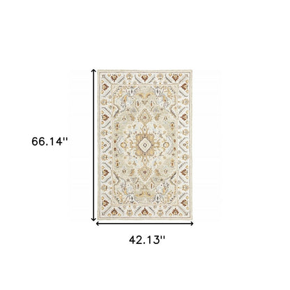 4' X 6' Ivory Beige Gold And Muted Grey Oriental Tufted Handmade Stain Resistant Area Rug