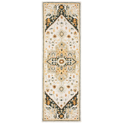 8' Ivory and Black Oriental Handmade Runner Rug