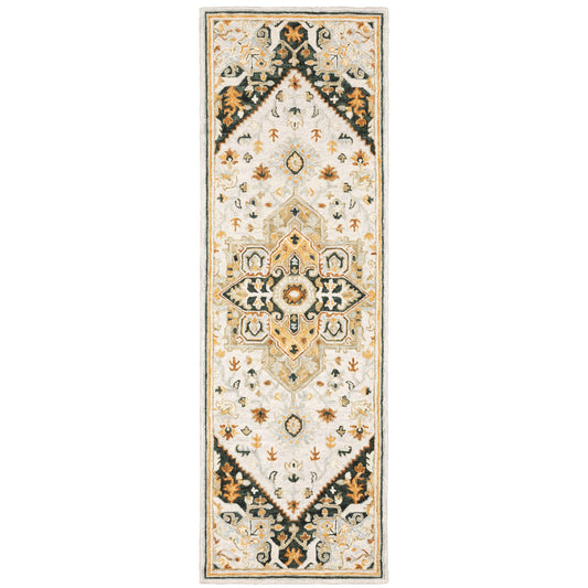 8' Ivory and Black Oriental Handmade Runner Rug