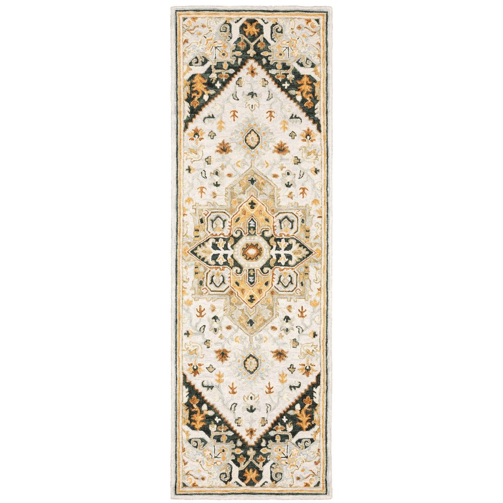 8' Ivory and Black Oriental Handmade Runner Rug