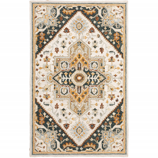 4' X 6' Ivory Charcoal Gold Clay And Muted Blue Oriental Tufted Handmade Stain Resistant Area Rug