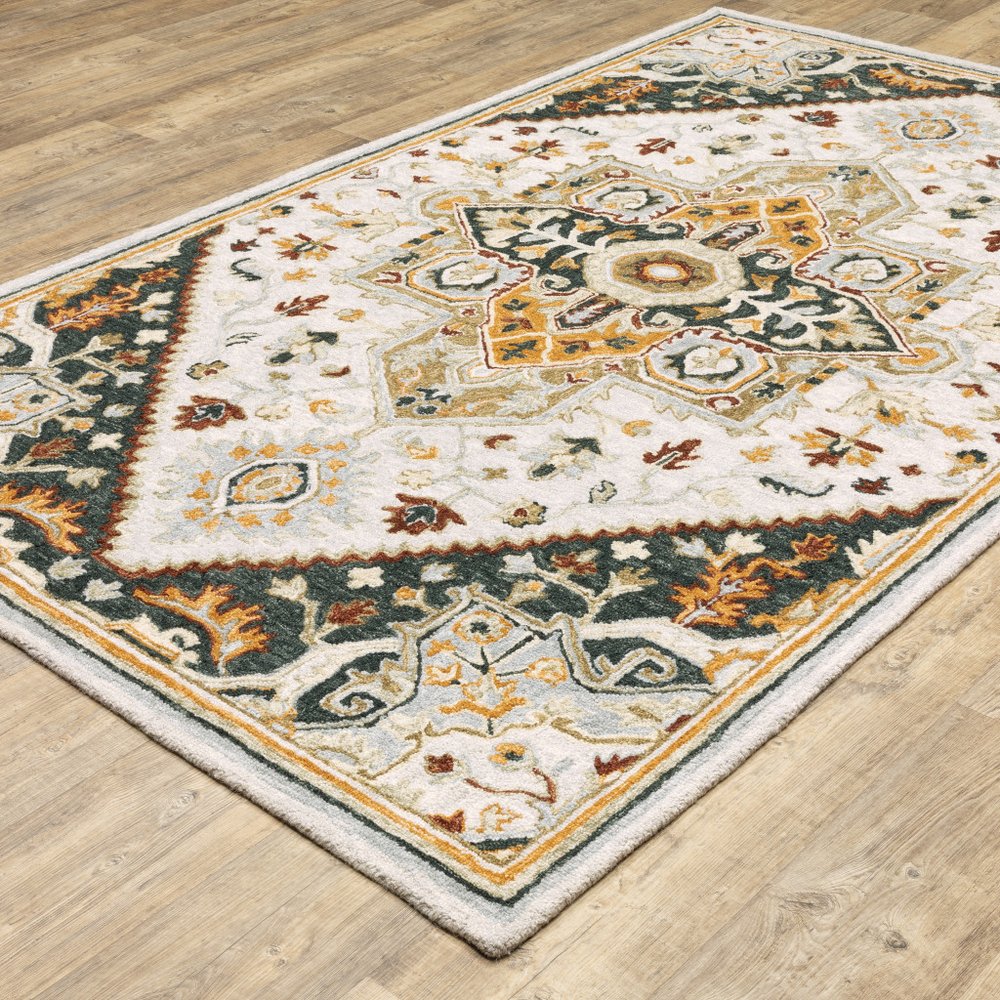 4' X 6' Ivory Charcoal Gold Clay And Muted Blue Oriental Tufted Handmade Stain Resistant Area Rug