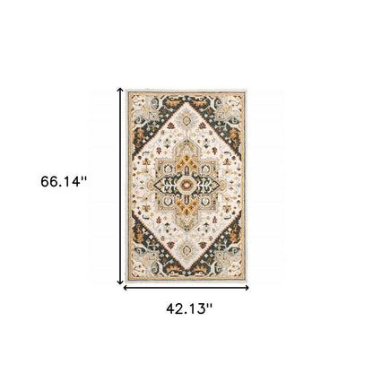 4' X 6' Ivory Charcoal Gold Clay And Muted Blue Oriental Tufted Handmade Stain Resistant Area Rug