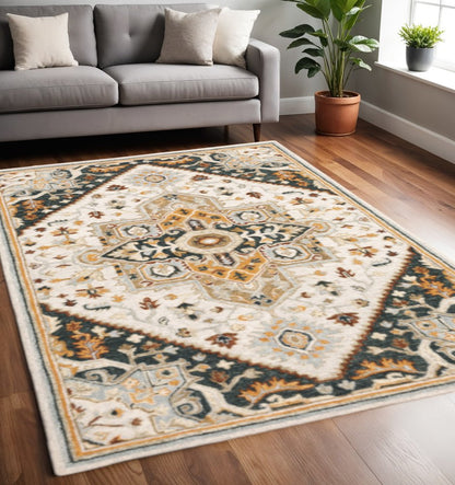 5' X 8' Ivory Charcoal Gold Clay And Muted Blue Oriental Tufted Handmade Stain Resistant Area Rug