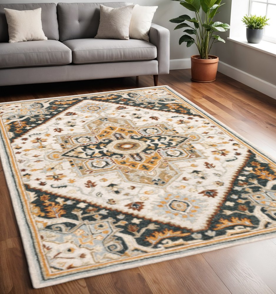 5' X 8' Ivory Charcoal Gold Clay And Muted Blue Oriental Tufted Handmade Stain Resistant Area Rug