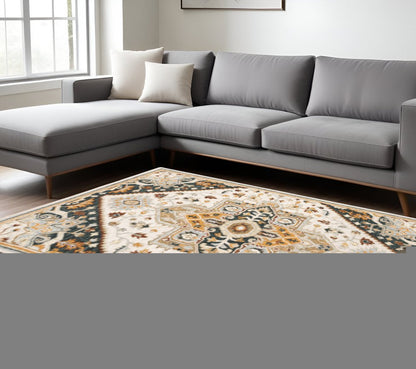 8' X 10' Ivory Charcoal Gold Clay And Muted Blue Oriental Tufted Handmade Stain Resistant Area Rug
