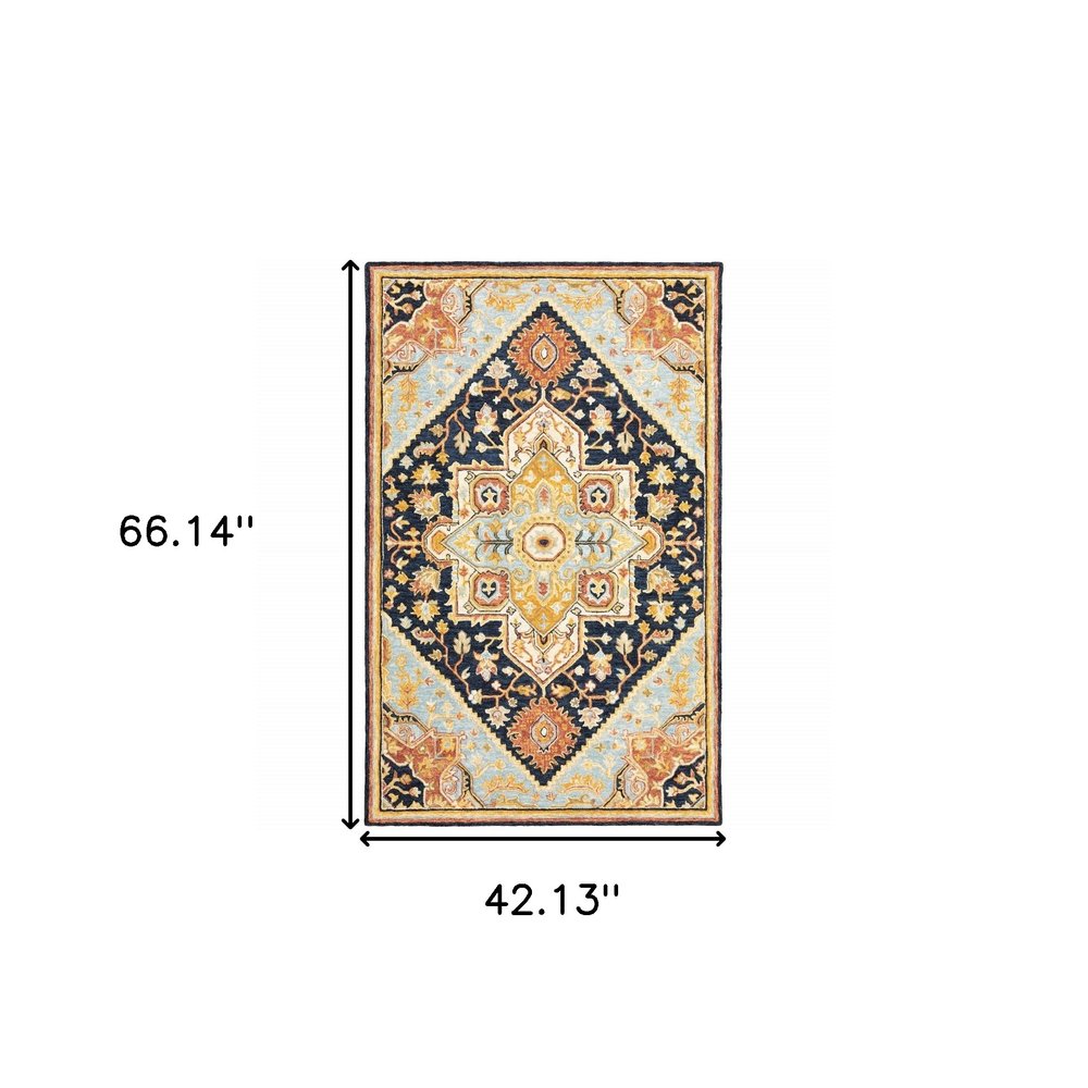 4' X 6' Navy Rust Blue Ivory And Gold Oriental Tufted Handmade Stain Resistant Area Rug