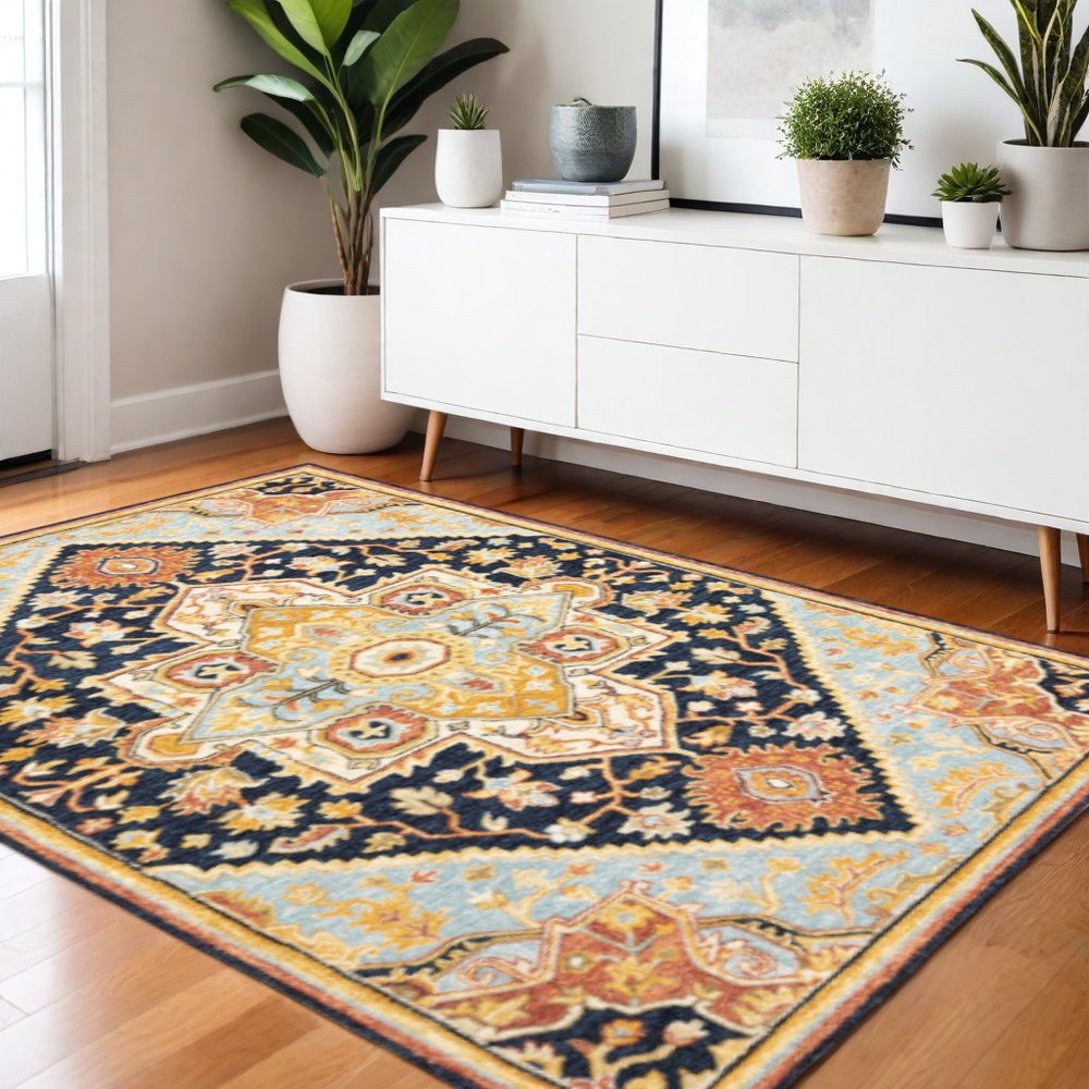 4' X 6' Navy Rust Blue Ivory And Gold Oriental Tufted Handmade Stain Resistant Area Rug